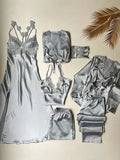 6-Piece Long Slit Silk Nighty Set in Grey – Luxurious Nightwear for Women