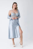 6-Piece Long Slit Silk Nighty Set in Grey – Luxurious Nightwear for Women
