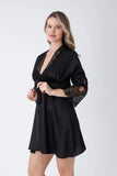 Black Satin 6-Piece Nightgown & Dressing Gown Set with Guipure Lace Details
