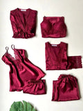Burgundy Satin 6-Piece Nightgown & Dressing Gown Set with Guipure Lace Details