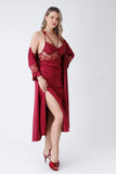 Claret Red Satin 6-Piece Nightgown & Dressing Gown Set with Long Slit